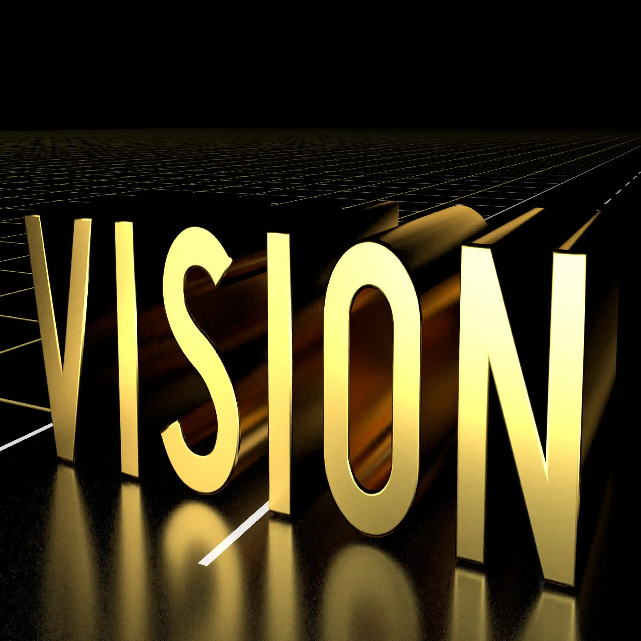 Golden 'VISION' text on a dark reflective grid 